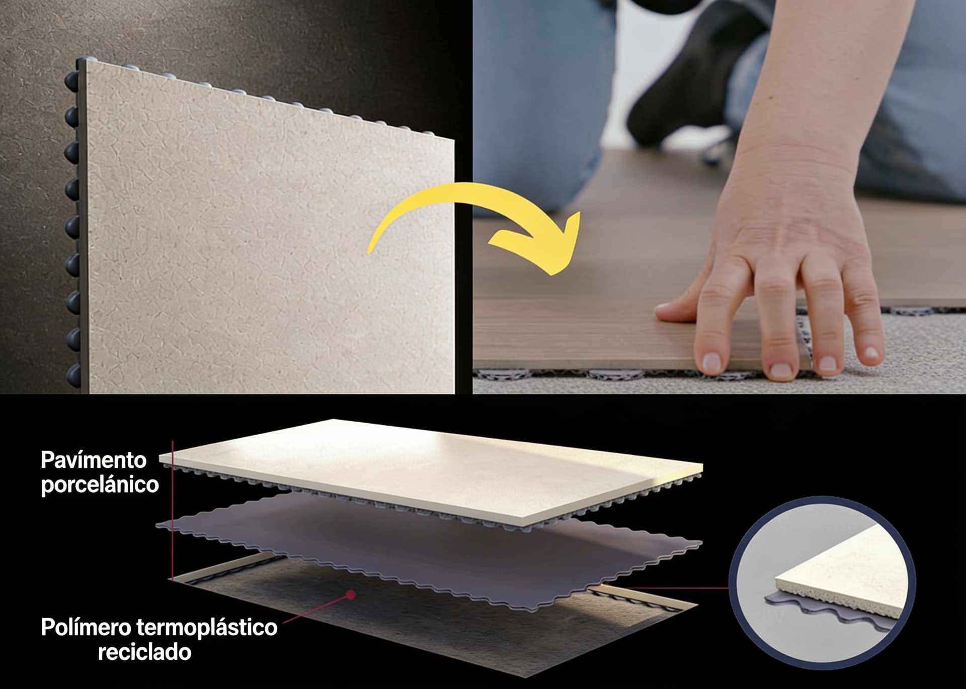 Sistema de pavimento en seco: porcelánico sobre polímero termoplástico reciclado